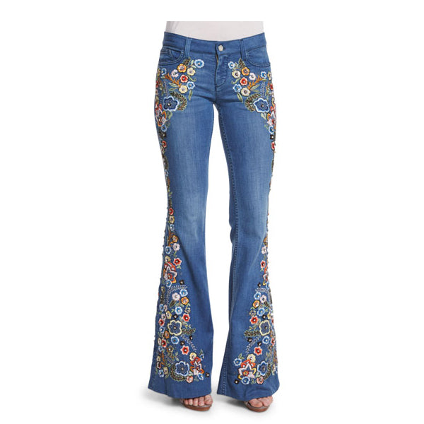 70er Jahre Blumen bestickte Bell Bottom Jeans