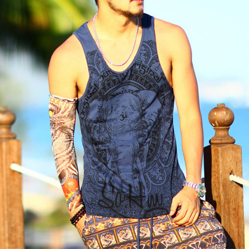 Chaleco de algodón estampado de elefante delgado sin mangas casual hippie de verano para hombres