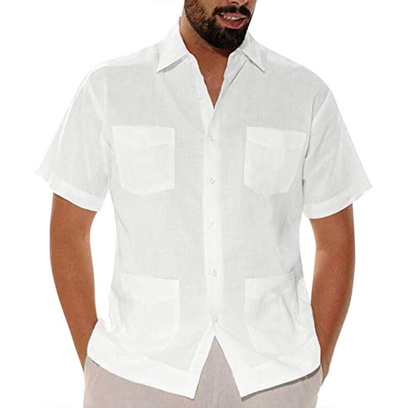 Vyrų vasaros atostogų paplūdimys Kvėpuojantys patogūs trumpų rankovių medvilniniai marškiniai su daugybe lininių kišenių