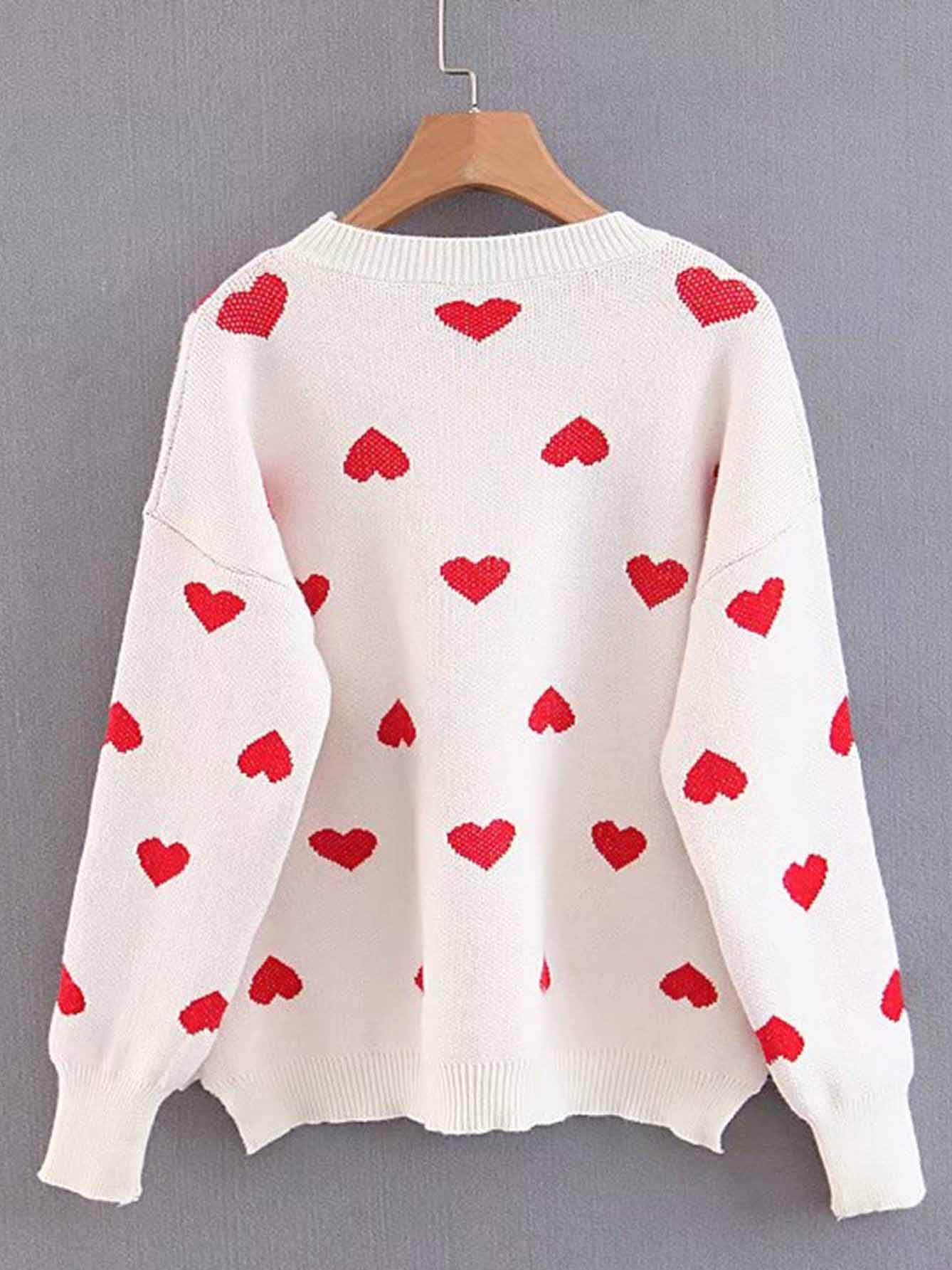 Drop Shoulder Heart Pattern Pullover mit Strickpullover