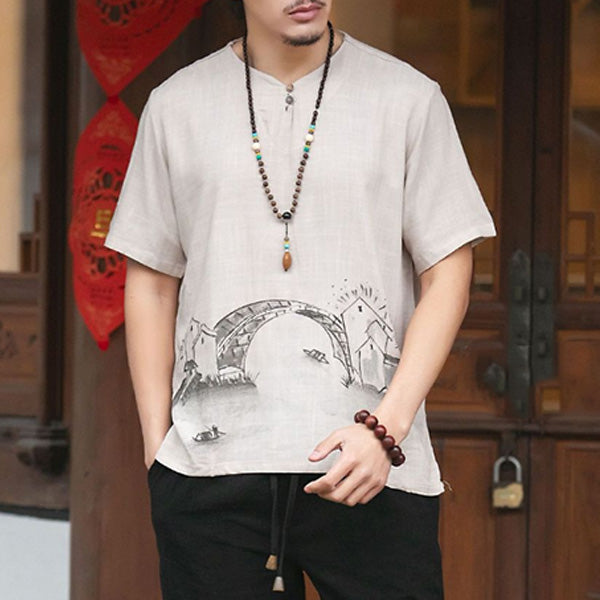 Camisa de hombre de manga corta en algodón y lino.