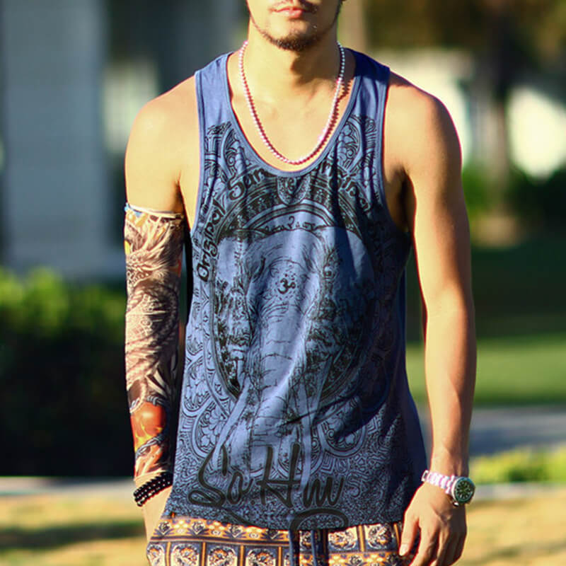 Chaleco de algodón estampado de elefante delgado sin mangas casual hippie de verano para hombres