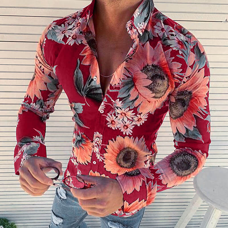Men&#39;s fashion sunflowers Printed long-sleeved cotton blend shirts
