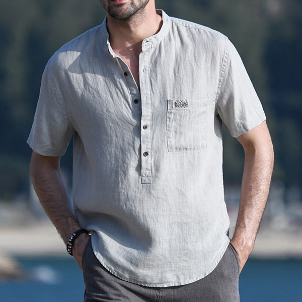 Camisa de lino de cuello alto transpirable suave para hombres con mangas cortas