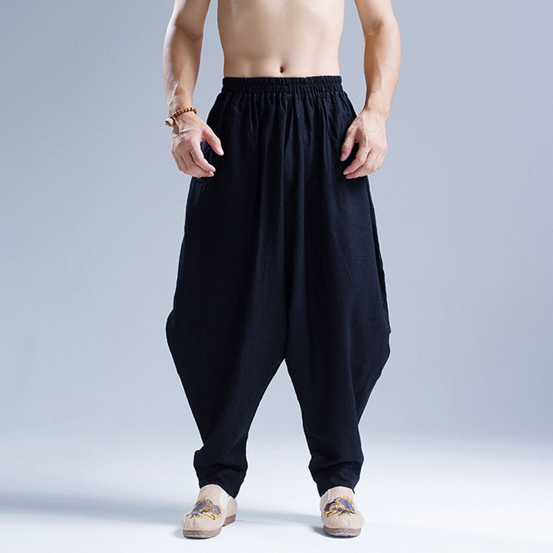 Pantalones harem casuales de lino de algodón para hombres.