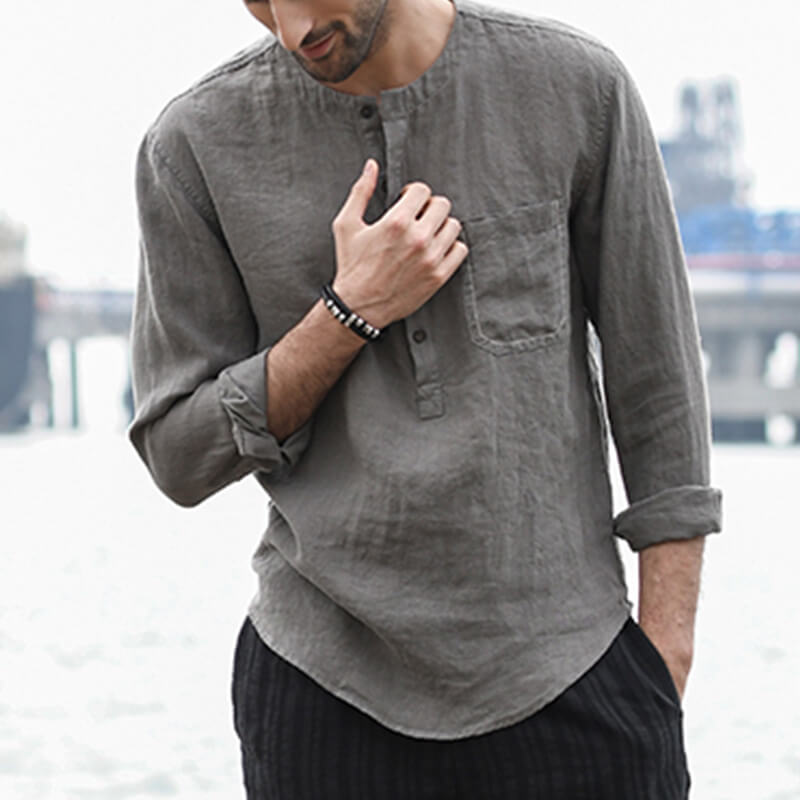 Men&#39;s summer vintage solid color round neck long sleeve long sleeve breathable linen shirt