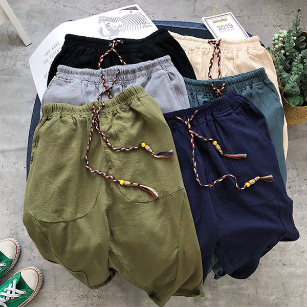 Pantalones cortos de lino cómodos y transpirables de estilo nacional.