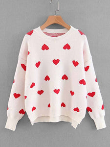 Drop Shoulder Heart Pattern Pullover mit Strickpullover