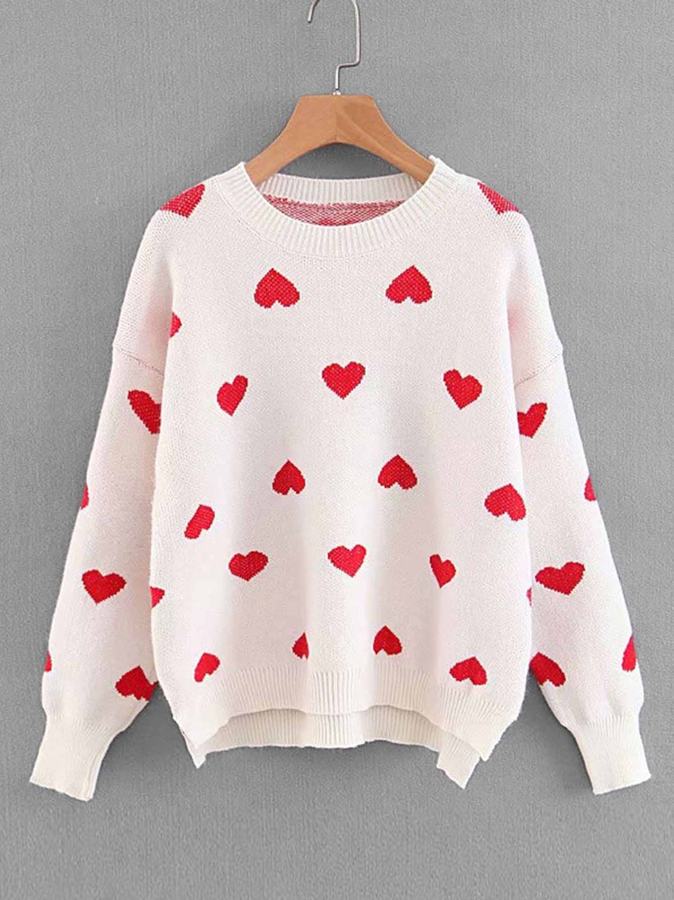 Drop Shoulder Heart Pattern Pullover mit Strickpullover