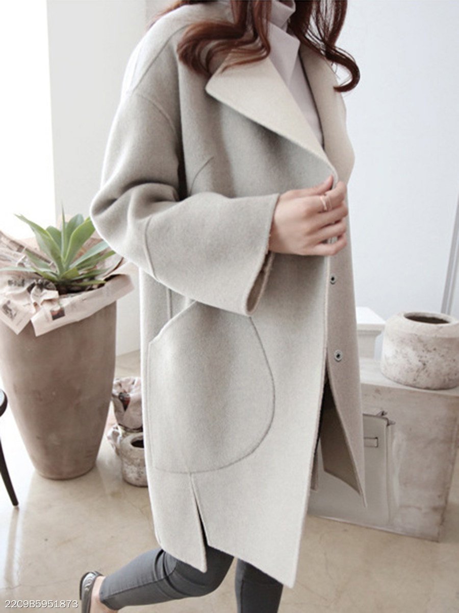 Lapel Patch Pocket Plain Woolen Coat
