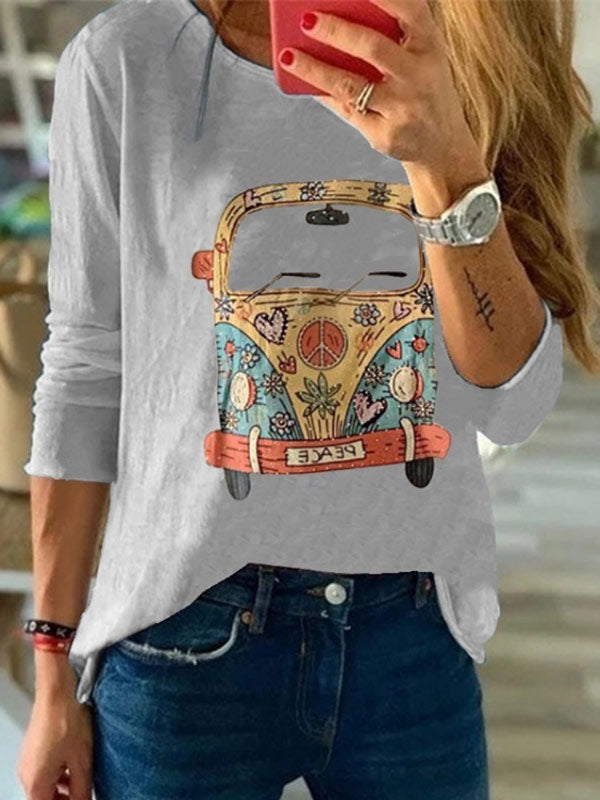 Camiseta de manga larga con cuello redondo y estampado de pecho para mujer