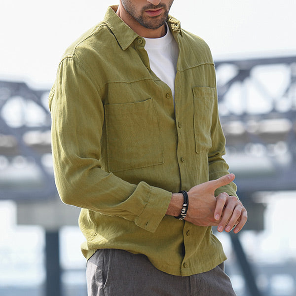 Vyriški laisvalaikio palaidi dvigubos kišenės ilgio rankovių lininiai marškiniai