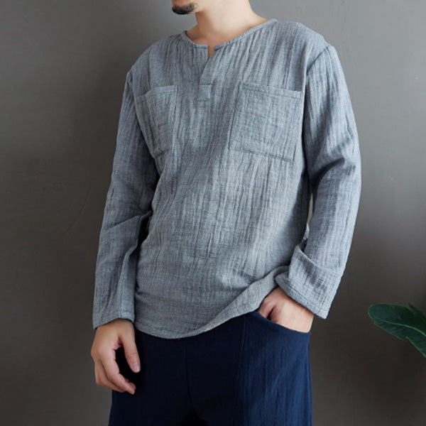 Herren Leinen V-Ausschnitt Tasche Langarmhemd T-Shirt