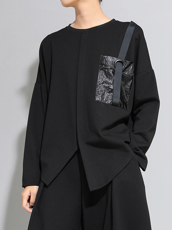 Camisa de mujer de manga larga con bolsillo de cuero.