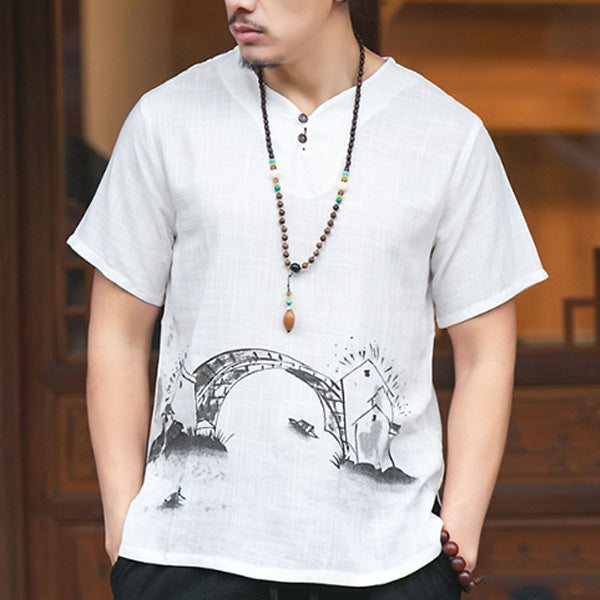 Camisa de hombre de manga corta en algodón y lino.