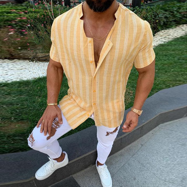 Tautinio stiliaus vyriški marškinėliai iš medvilnės ir lino su V formos kaklu