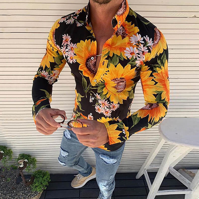 Men&#39;s fashion sunflowers Printed long-sleeved cotton blend shirts
