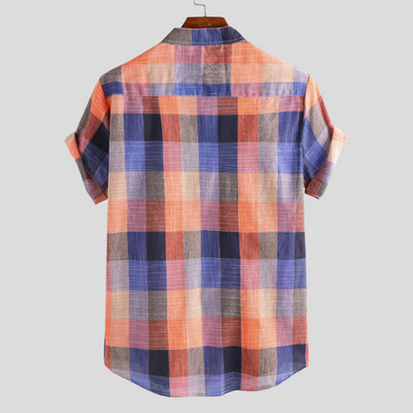 Camisa a cuadros suelta con cuello alto vintage para hombre