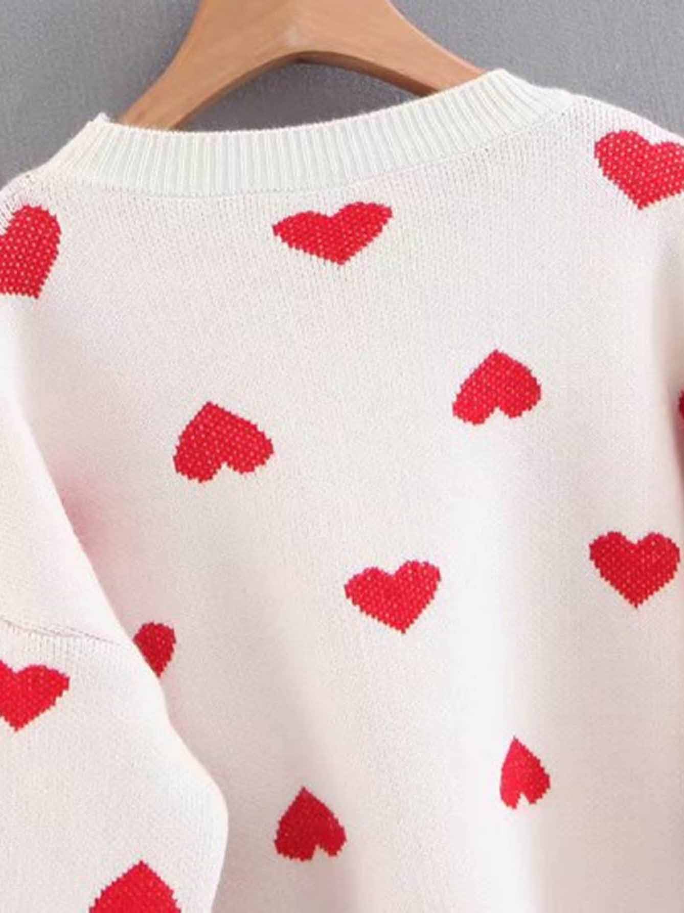 Drop Shoulder Heart Pattern Pullover mit Strickpullover