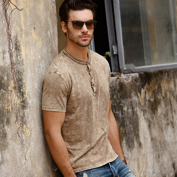 Herren Retro Mode Rundhals-Knopf Kurzarm T-Shirt