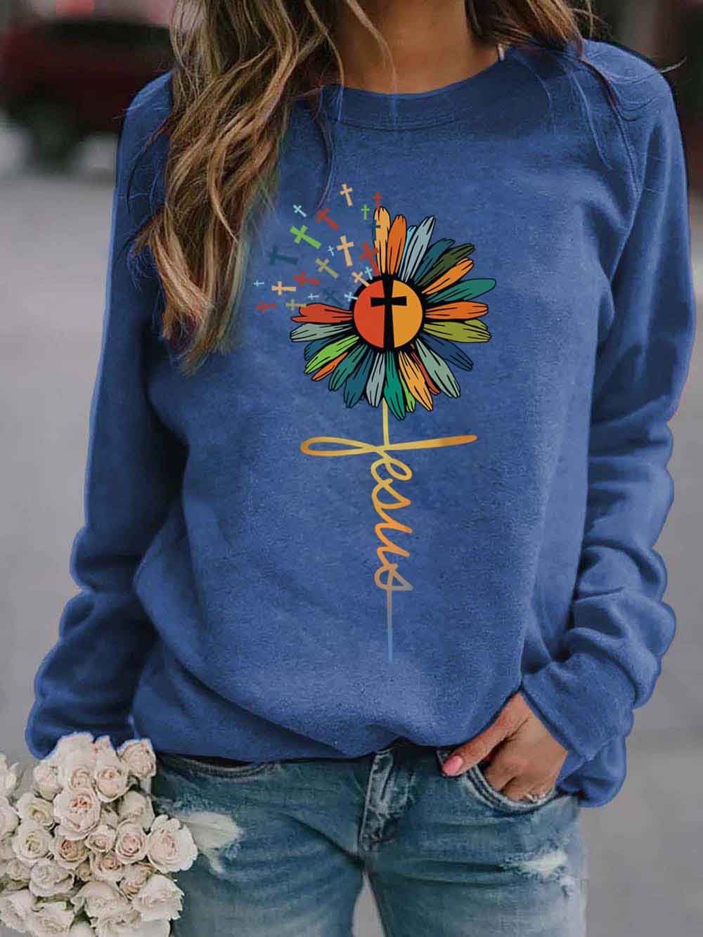 Damen Jesus Sunflower Cross Farbdruck Sweatshirt