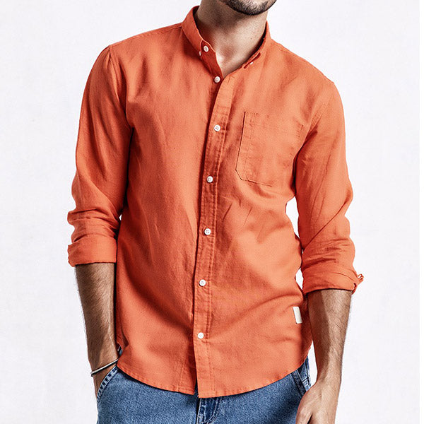 Herren Casual Cotton Leinen Revers Langarmhemd