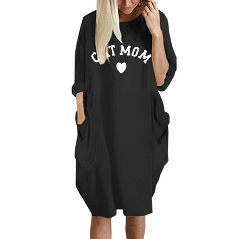 Cat Mom Printed Langarm Doppeltaschen Shift Daily Dress