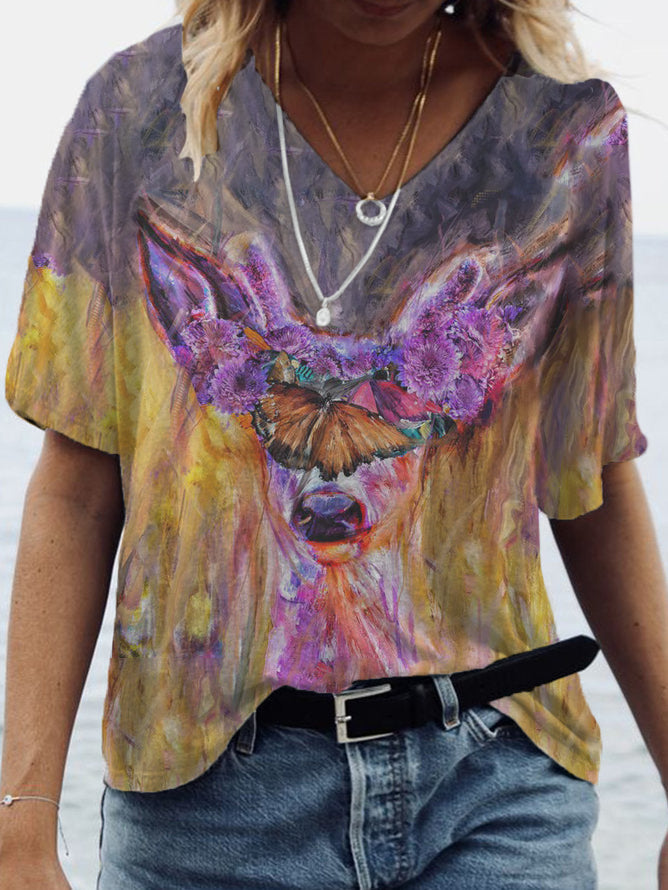 Damen Schmetterling und Hirsch bedrucktes T-Shirt