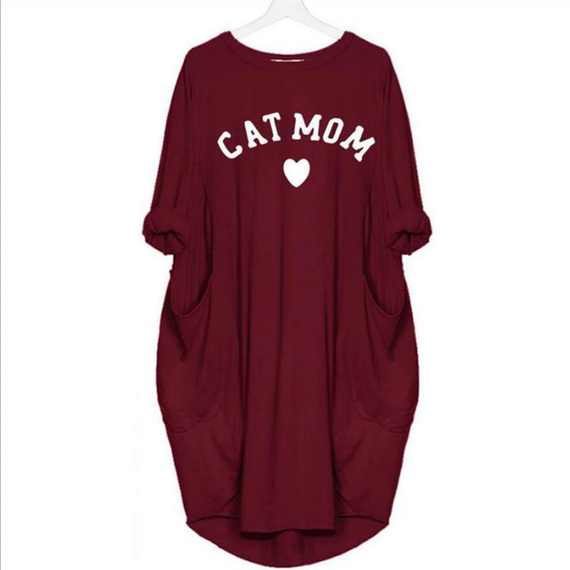Cat Mom Printed Langarm Doppeltaschen Shift Daily Dress