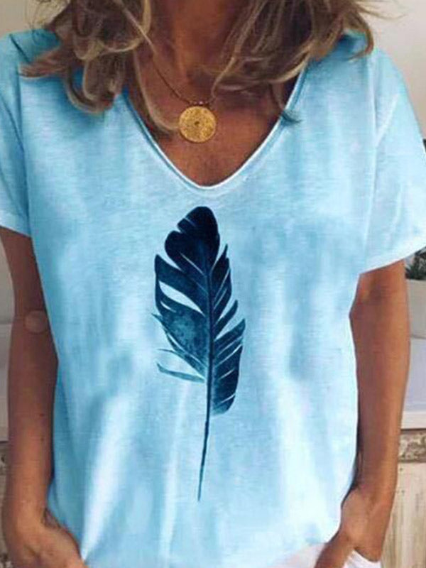 Camiseta con estampado de plumas para mujer con manga corta
