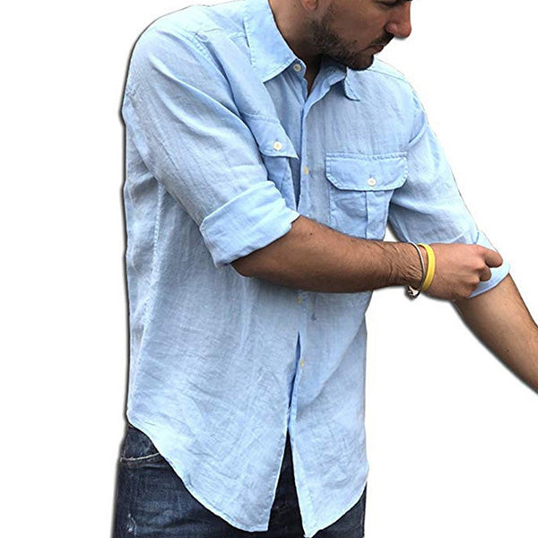 Vyriški kasdieniniai lininiai dvigubos kišenės atlapai ilgomis rankovėmis