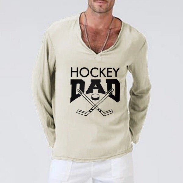 Camiseta de lino de manga larga estampada HOCKEY DAD para hombre