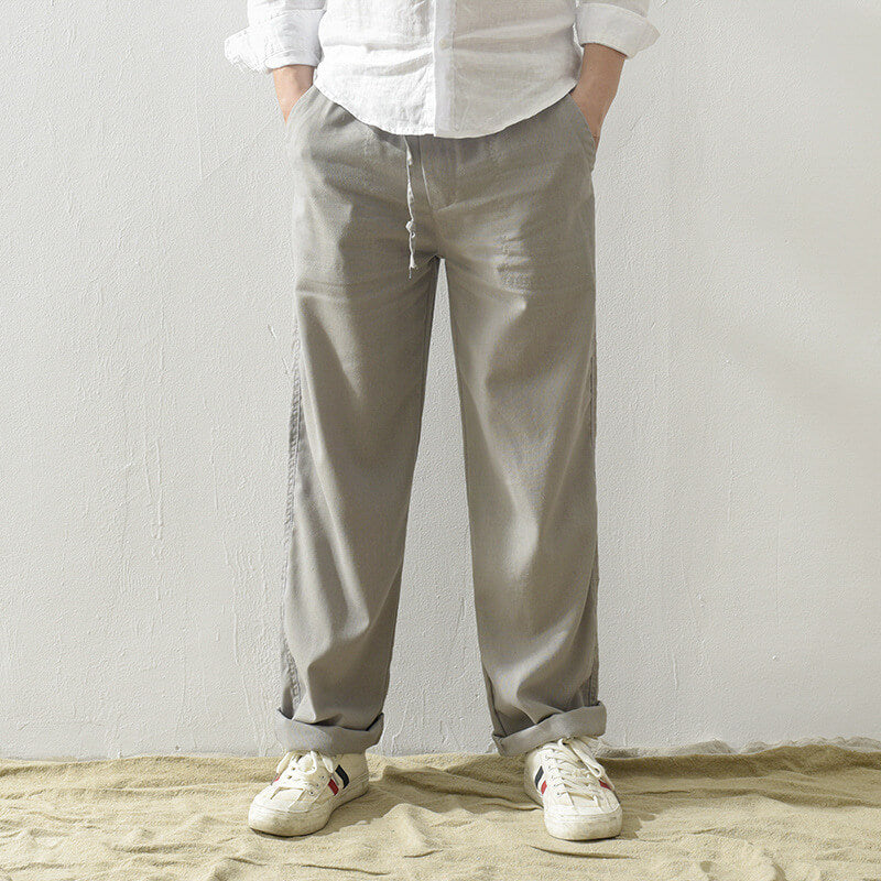 Cordones informales, transpirables y sueltos para hombres, pantalones ligeros de lino natural.