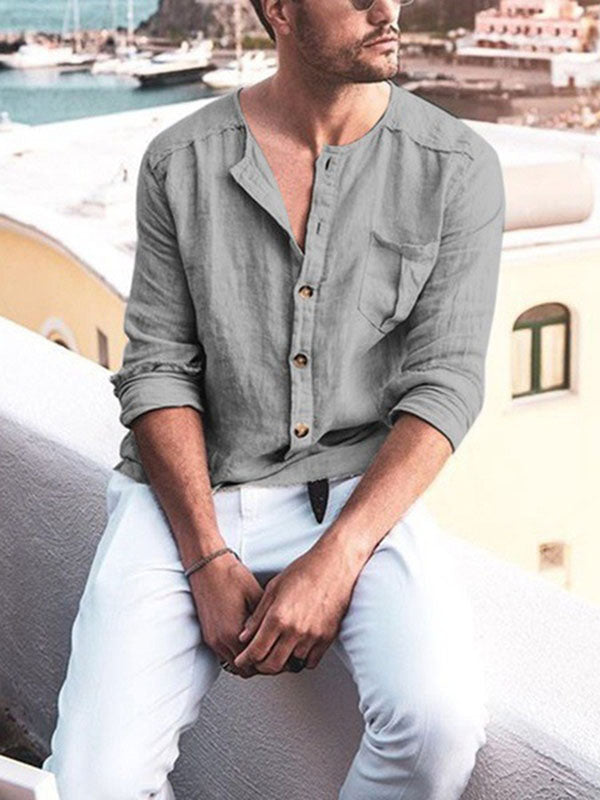 Herren Einfarbiges Baumwollknopf-Langarmhemd