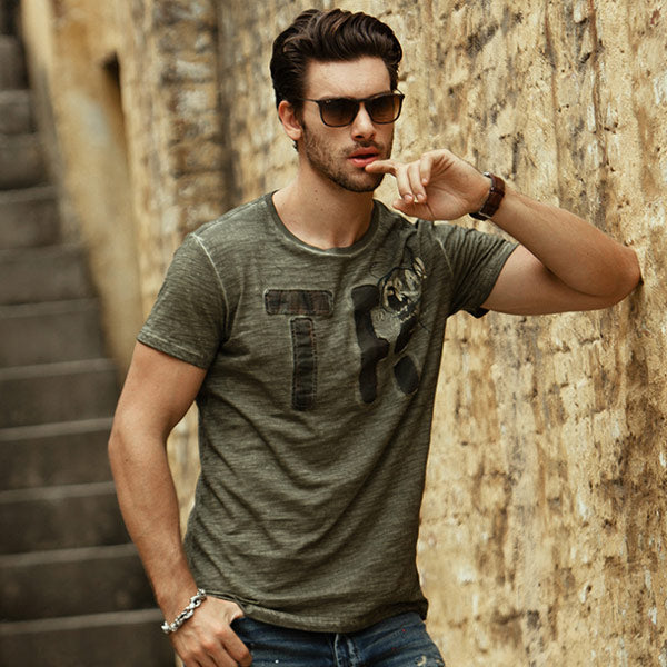 Herren Vintage Letter Logo Rundhals Kurzarm T-Shirt