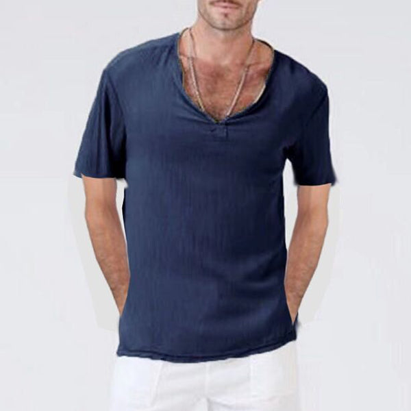 Ethnisches Kurzarm-T-Shirt aus Baumwolle und Leinen für Herren