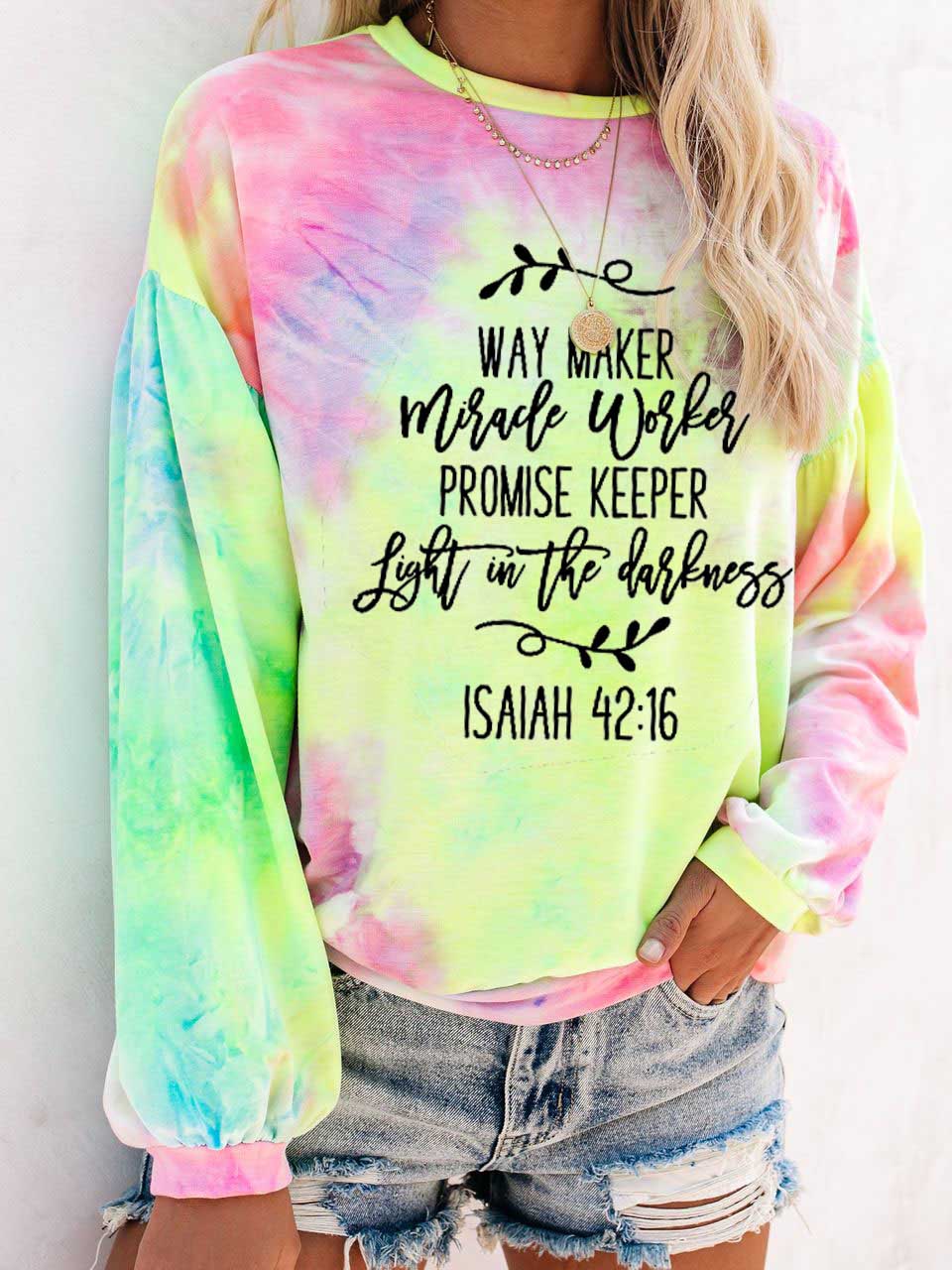 Way Maker Miracle Worker promete luz al titular en la oscuridad ISAIAH 42:16 Manga larga Tie-Paint