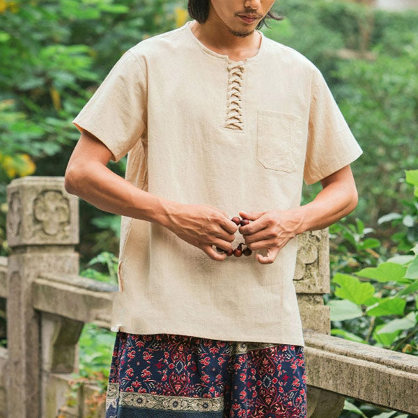 Camisa de hombre de manga corta de algodón y lino.