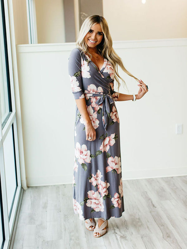 Sexy  Maxi-Kleid mit V-Ausschnitt und Blumendruck