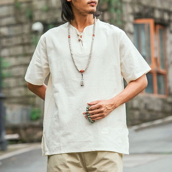 Solid color t-shirt with solid color button in cotton and linen for men