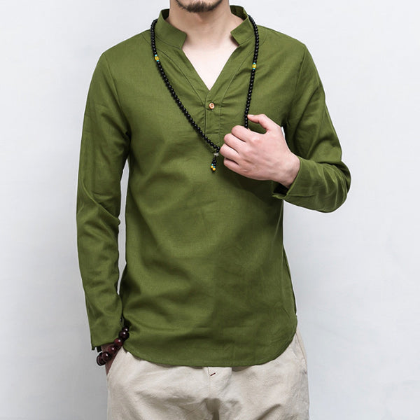 Herren Langarmhemd aus Baumwolle aus Leinen mit V-Ausschnitt