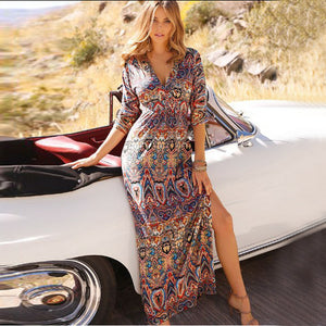 Langarm-Swing-Kleid mit V-Ausschnitt und Boho-Print