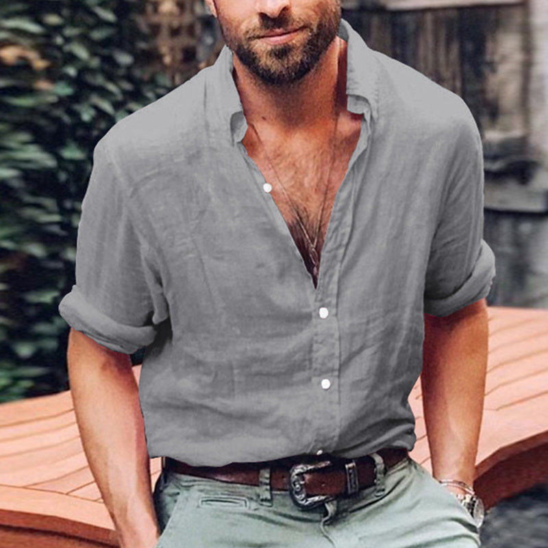 Kasdieniai vyriški lininiai marškiniai su V formos apykakle