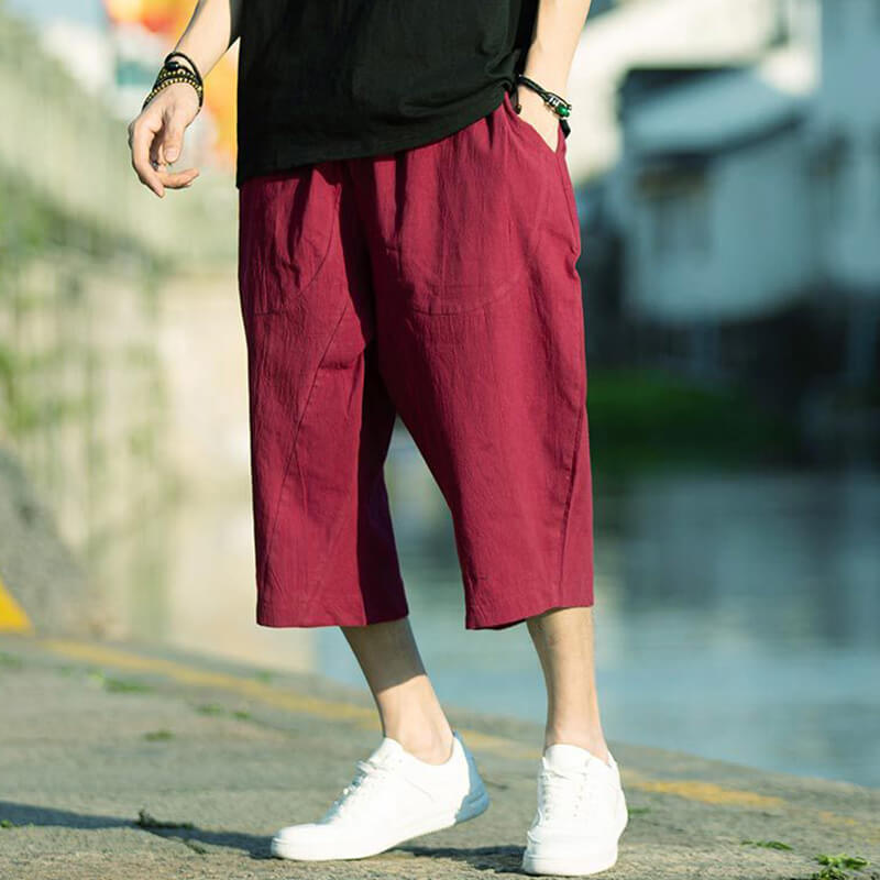 Pantalones de lino natural liso de verano para hombre