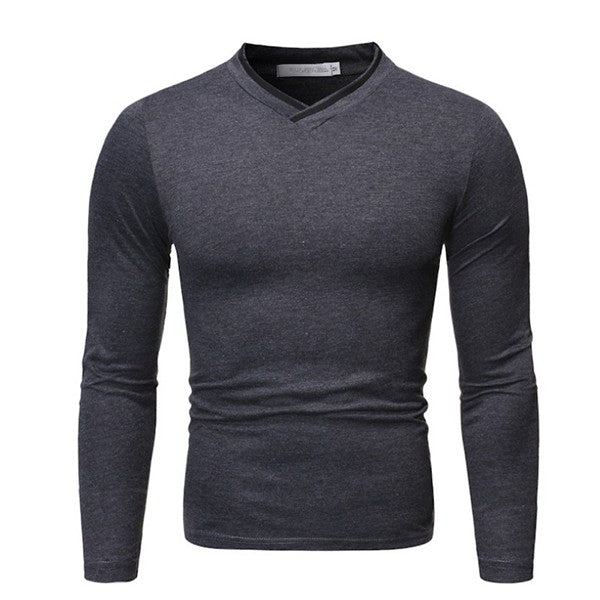 Camisa casual de color liso con manga larga y cuello en V para hombres.