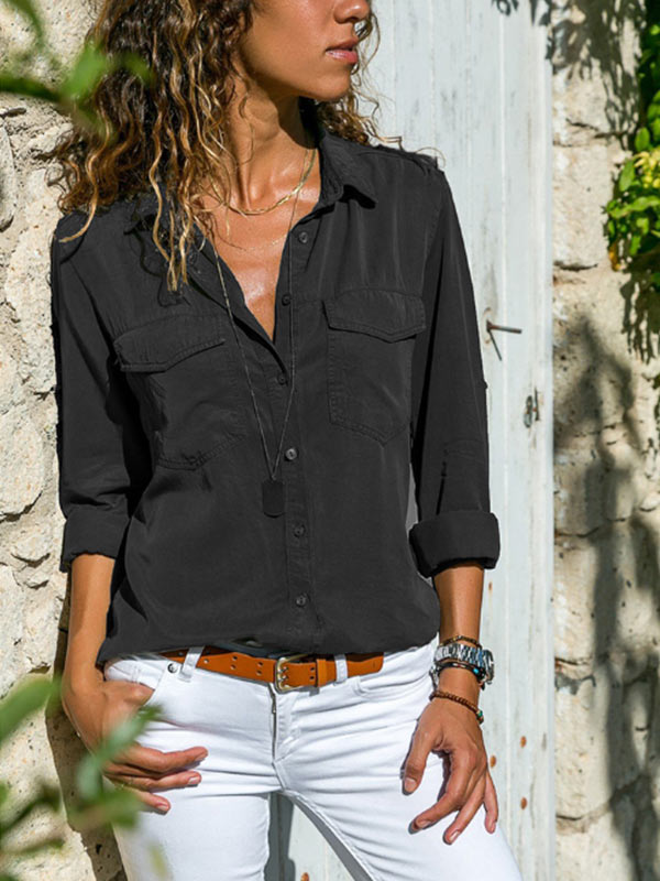 Camisa casual de manga larga y solapa firme para mujer.