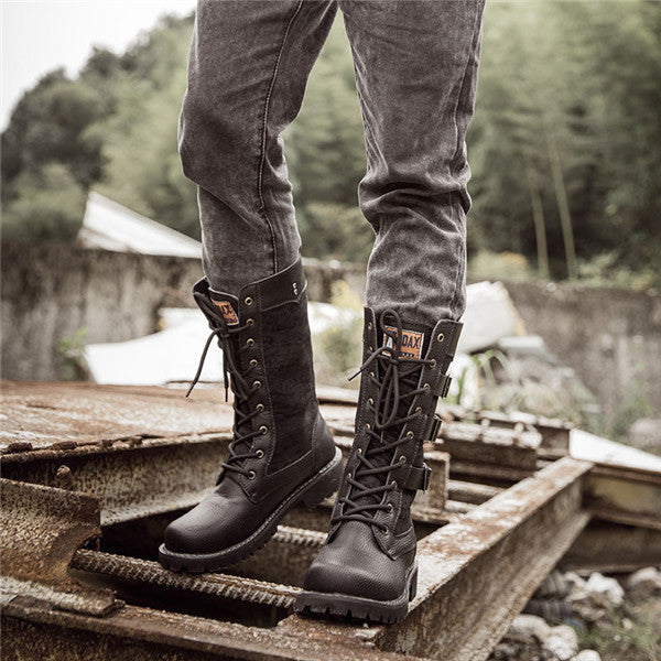 Round Head Knight Boots Belt Buckle High Tube Men&#39;s Boots
