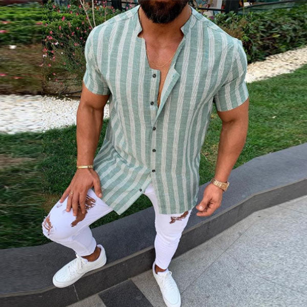 Tautinio stiliaus vyriški marškinėliai iš medvilnės ir lino su V formos kaklu