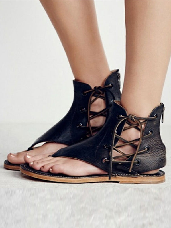 Damen Retro Mode Flat Zip Schnürsandalen