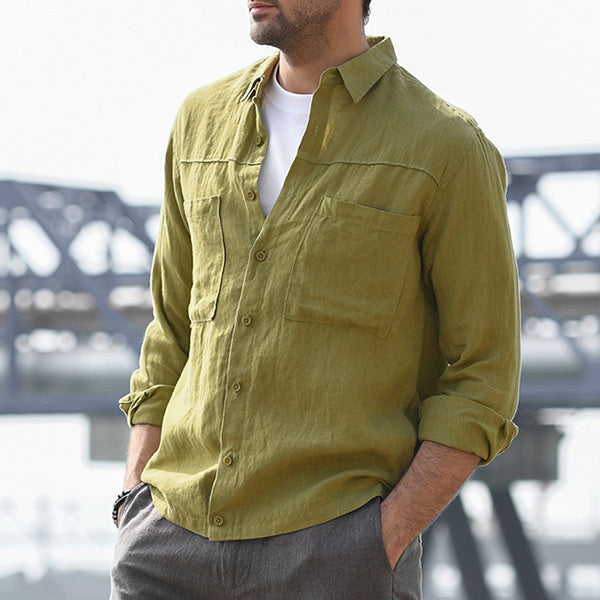Vyriški laisvalaikio palaidi dvigubos kišenės ilgio rankovių lininiai marškiniai